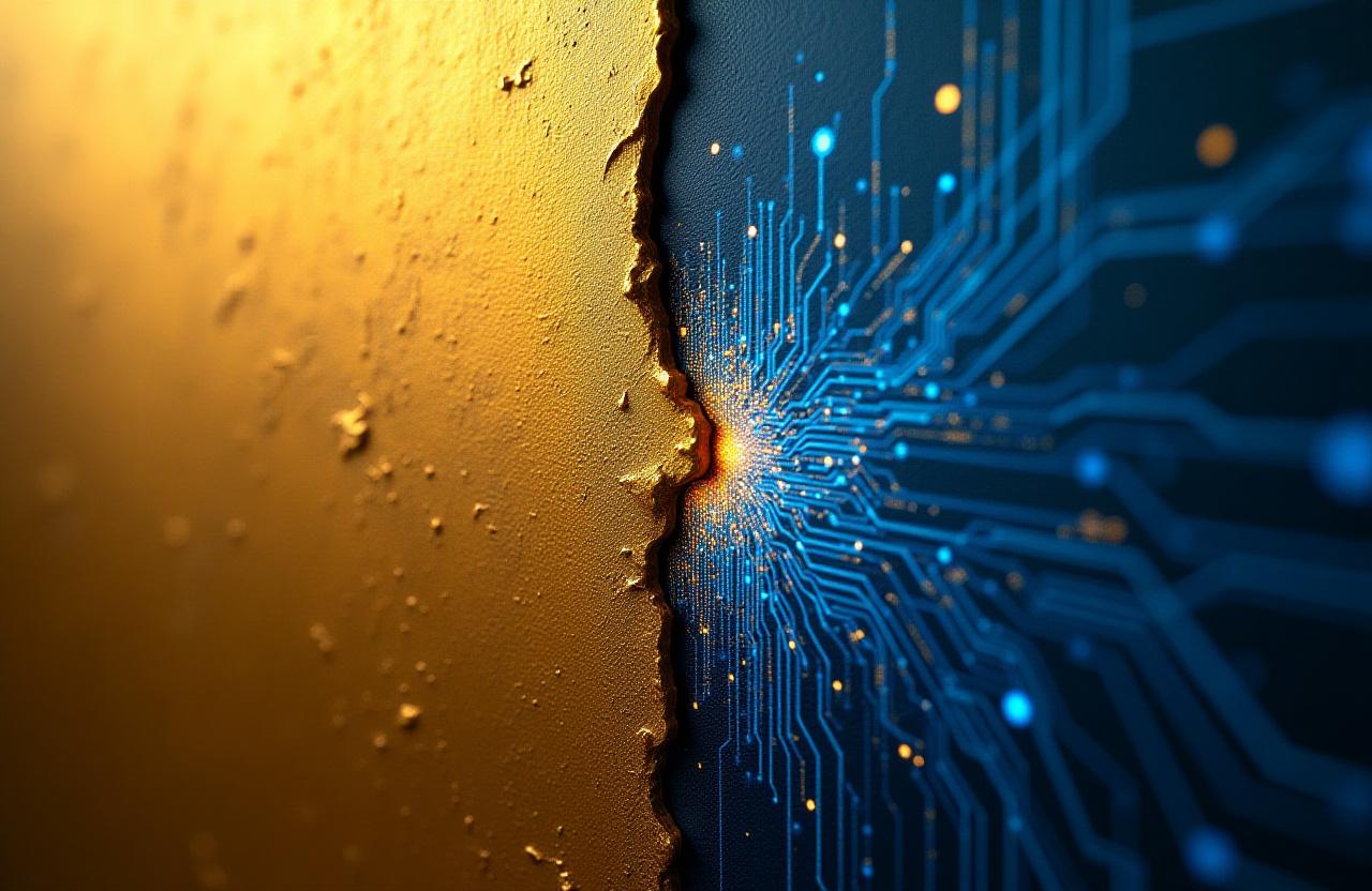 Close up of traditional oil painting textures blending into digital circuit patterns