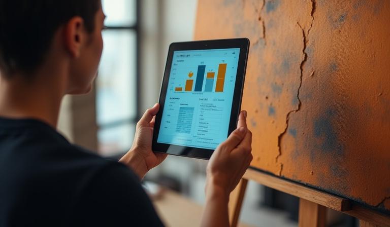Professional appraiser examining a large canvas painting with digital tools